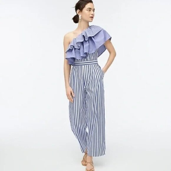 J. Crew One-shoulder Ruffle Jumpsuit in Blue & White Mixed Stripe 0 - Picture 2 of 7